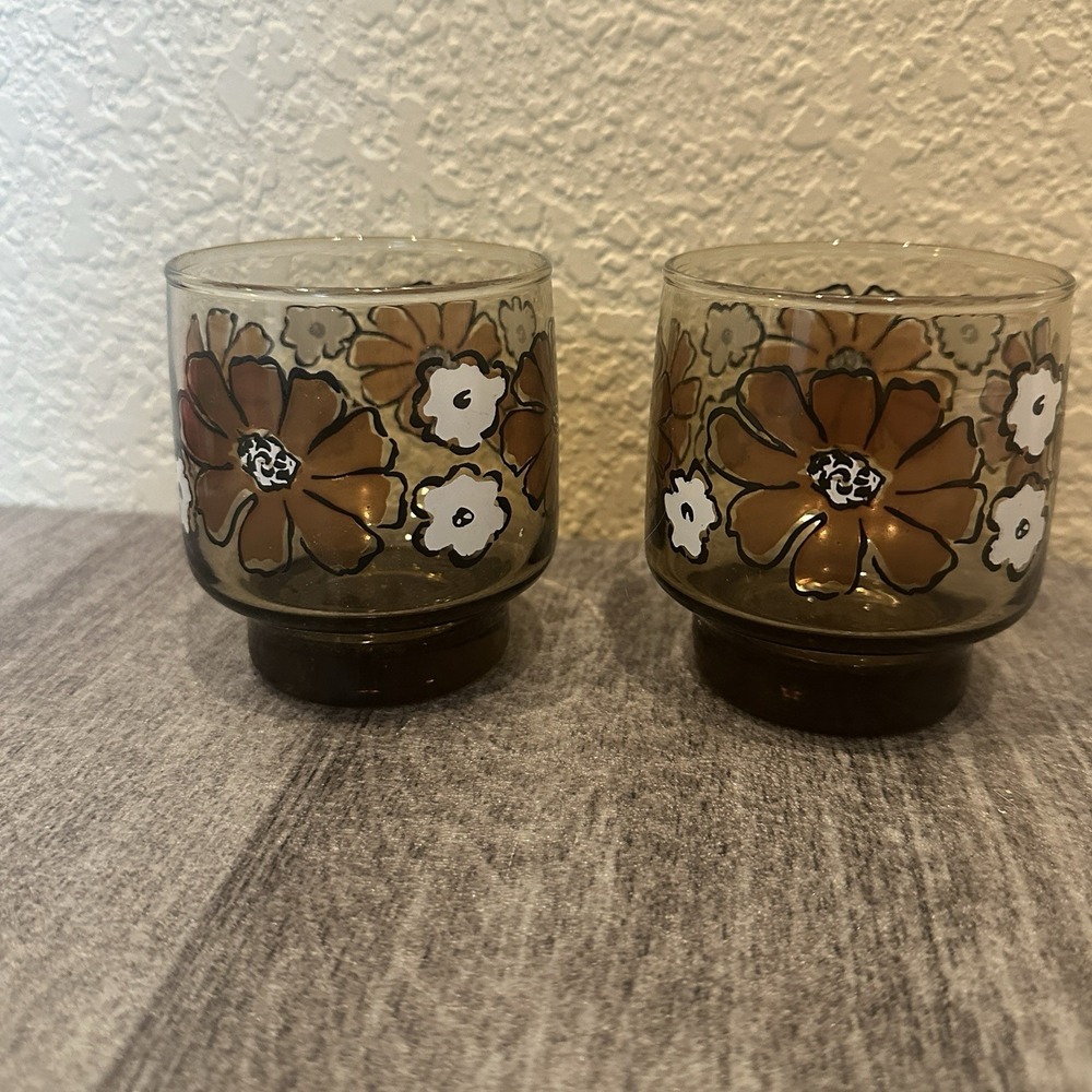 2 - MCM LIBBEY Camellia Tawny Brown Daisy Drinking Cocktail Glass 1975 Vintage